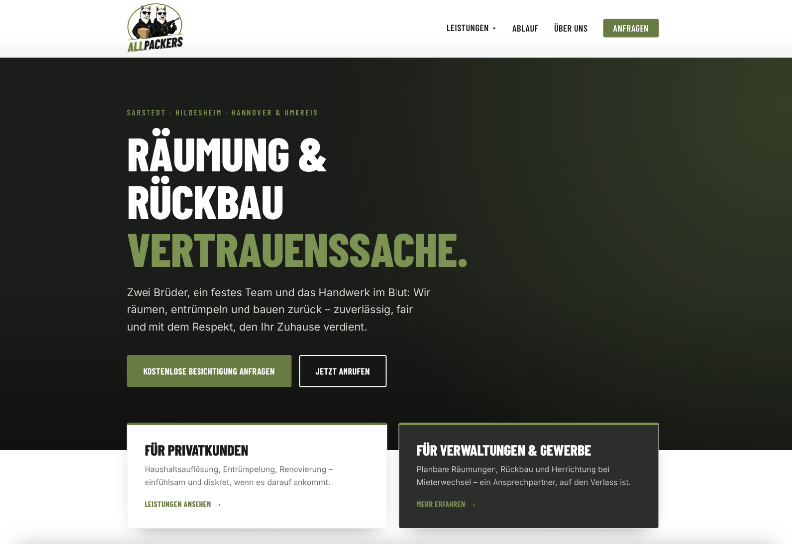 Startseite von allpackers.de: Hero mit dem Satz „Räumung und Rückbau. Vertrauenssache.“ und darunter die Leistungsübersicht